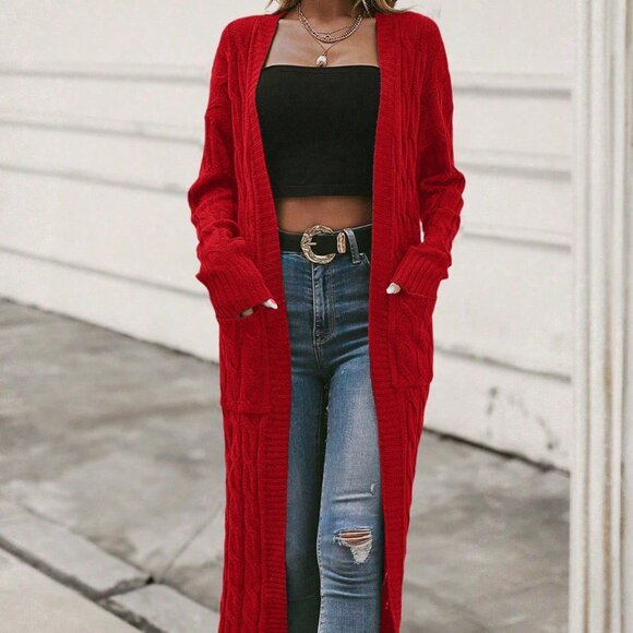 Red Casual Women's Long Cardigan - Picture 3 of 6